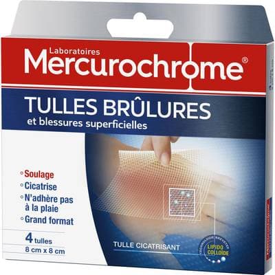 Mercurochrome Tulle gras pour Brûlures et Blessures superficielles, 8 x 8 cm 4 pièces
