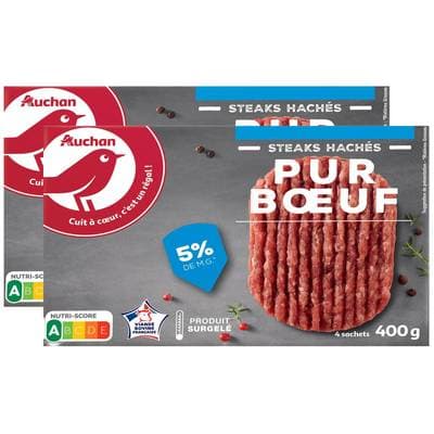 Auchan Steak haché pur boeuf 5%mg, Lot de 2x4x100g