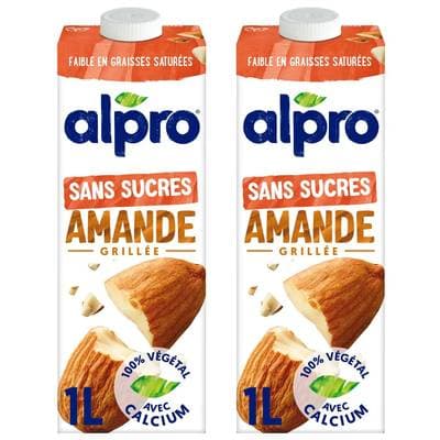 Alpro Lait d'amande grillée sans sucre, calcium et vitamines ajoutés, Lot de 2x1l