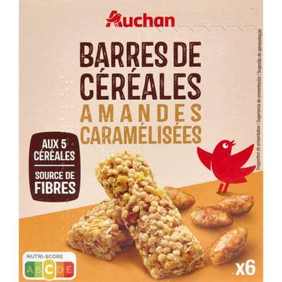 Auchan Barres de céréales aux amandes caramélisées, 6 barres