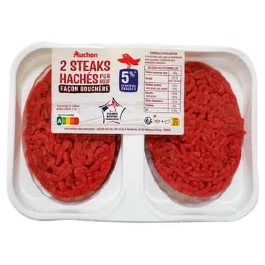 Auchan Steaks Hachés Pur Boeuf 5%MG, Façon Bouchère, 2x125g