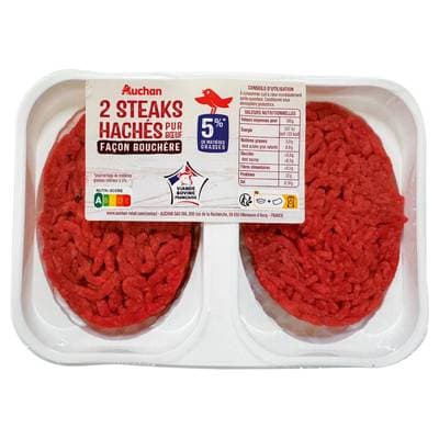 Auchan Steaks Hachés Pur Boeuf 5%MG, Façon Bouchère, 2x125g