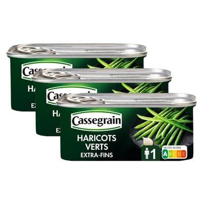 Cassegrain Haricots verts extra-fins Sélection cueillis et rangés main en conserve, Lot de 3x110g