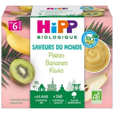 Hipp - Saveurs du Monde Poires Bananes Kiwis Bio Coupelles Bébé Dès 6 mois, 4x100g