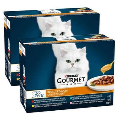 Purina - Gourmet Perle Sachets Régal de sauces Boeuf, Poulet, Thon, Saumon pour chat, Lot de 2 -12x85g