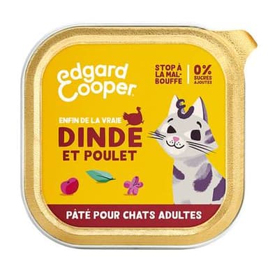 Edgard Cooper Barquette Pâtée Dinde et Poulet sans céréales pour Chat Adulte, 85g