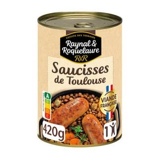 Raynal et Roquelaure Saucisse de Toulouse et lentilles cuisinées en conserve individuelle, 420g