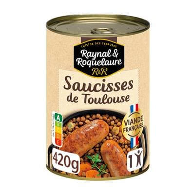 Raynal et Roquelaure Saucisse de Toulouse et lentilles cuisinées en conserve individuelle, 420g