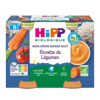 Hipp - Mon Dîner Bonne Nuit Risotto de Légumes Bio Pot Bébé Dès 8 mois, 2x190g