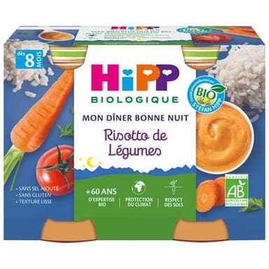 Hipp - Mon Dîner Bonne Nuit Risotto de Légumes Bio Pot Bébé Dès 8 mois, 2x190g