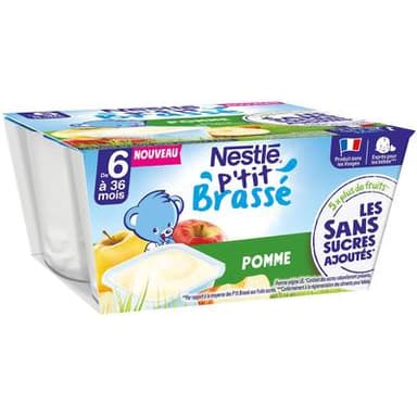 Nestlé - P'tit Brassé Dessert Lacté Pomme Sans Sucre Ajouté Coupelle Bébé Dès 6 mois, 4x90g