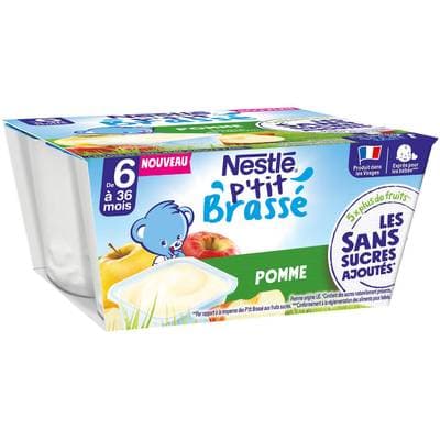 Nestlé - P'tit Brassé Dessert Lacté Pomme Sans Sucre Ajouté Coupelle Bébé Dès 6 mois, 4x90g