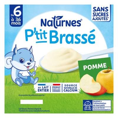 Naturnes® - P'tit Brassé Dessert Lacté Pomme Sans Sucre Ajouté Coupelle Bébé Dès 6 mois, 4x90g