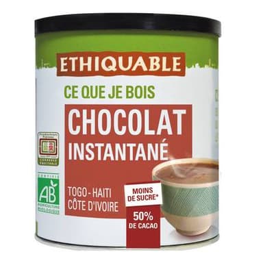 Ethiquable - Commerce Equitable Chocolat instantané en poudre 50% cacao Bio du Togo, Haïti, Côte d'Ivoire, 425g