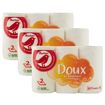 Auchan Papier toilette blanc maxi doux et résistant 2 épaisseurs, Lot de 3x6 rouleaux