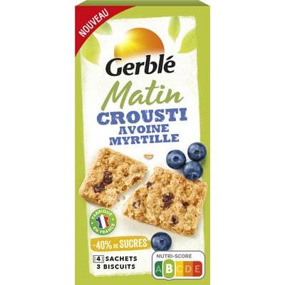 Gerblé 12 Biscuits Matin Crousti Myrtille Petit-déjeuner -40% de sucres en moins, 200g