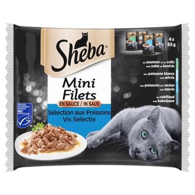 Sheba - Mini Filets Sachets en sauce Sélection poissons MSC 4 variétés pour chat adulte, 4x85g