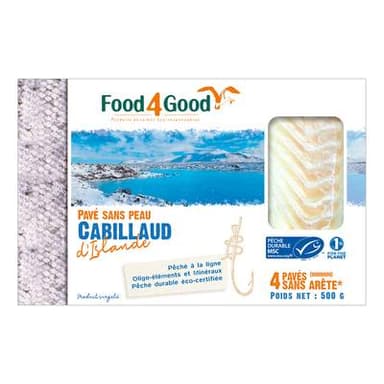 Food4Good Pavés de Cabillaud d'Islande MSC sans peau sans arête, 500g