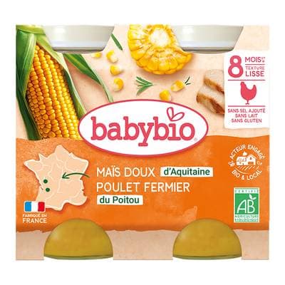 Babybio Maïs doux, Poulet fermier du Poitou Bio Pots Bébé Dès 8 mois, 2x200g