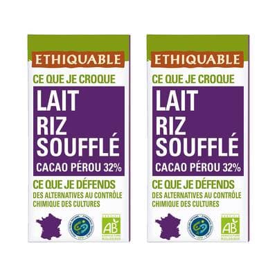 Ethiquable - Commerce Equitable Chocolat lait riz soufflé 32% Cacao Bio du Pérou, Lot de 2x100g