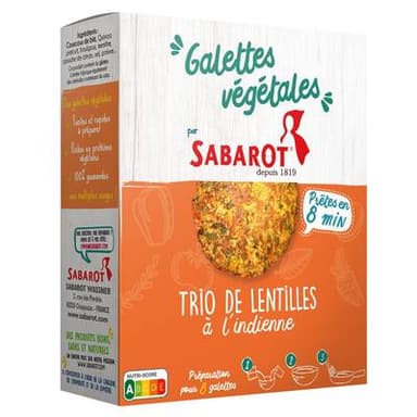 Sabarot Préparation pour Galette Végétale- Trio de Lentilles à l'indienne, 170g