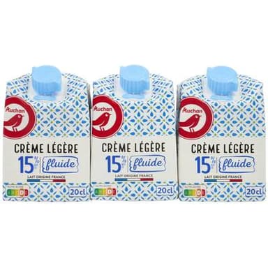 Auchan Crème fluide légère 15%mg UHT, 3x20cl
