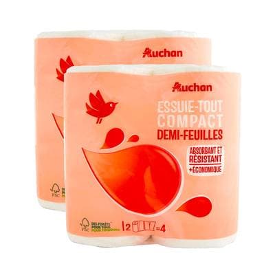 Auchan Essuie tout demi feuilles compact, Lot de 2x2 rouleaux
