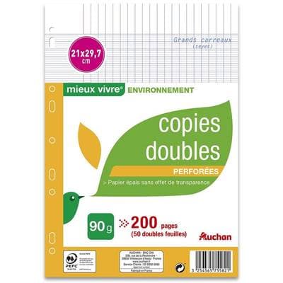 Auchan Copies doubles perforées 21x29,7cm grands carreaux, 200 pages 90g