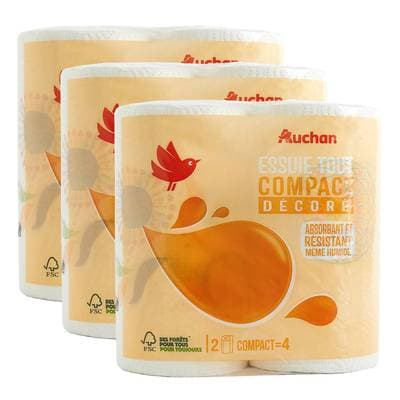 Auchan Essuie-tout compact décoré, Lot de 3x2 rouleaux