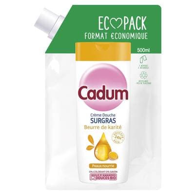 Cadum Crème de douche Eco Pack Surgras à l'huile d'amandes douces Bio et au beurre de karité, 500ml