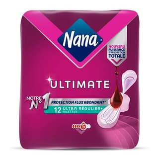 Nana Serviettes Hygiéniques avec Ailettes Ultra Régulier+ Flux Abondant Ultimate, 12 serviettes