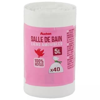 Auchan Sacs poubelle à liens détachables salle de bain 5L, 40 sacs poubelles