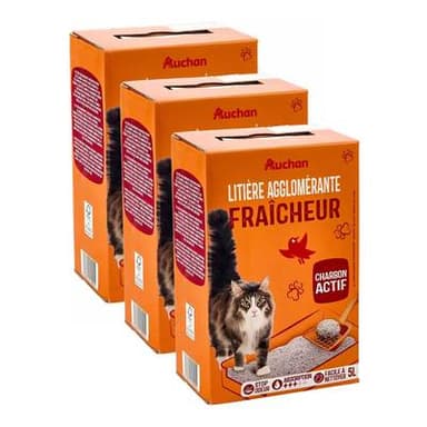 Auchan Litière agglomérante fraîcheur au charbon actif pour chat, Lot de 3x5L