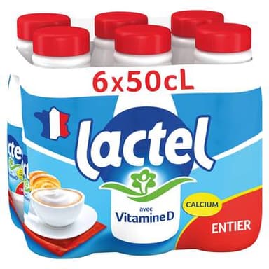 Lactel Lait entier 3,6% mg vitamine D, 6x50cl