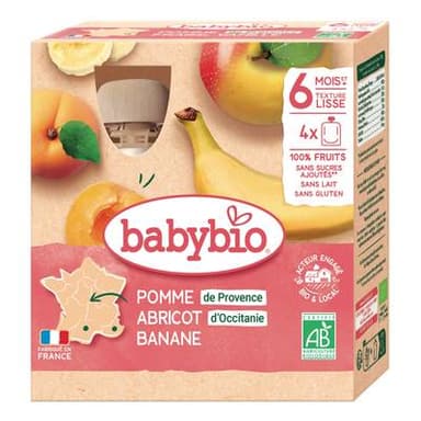 Babybio Pomme, Abricot, Banane Bio Gourde Bébé Dès 6 mois, 4x90g