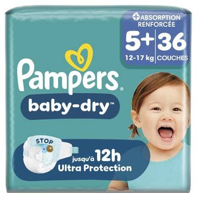 Pampers Babydry Geant Couches Baby Dry 12-17kg Taille 5+, 36 couches