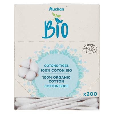 Auchan BIO Cotons-tiges 100% coton bio boîte carton, 200 coton tiges