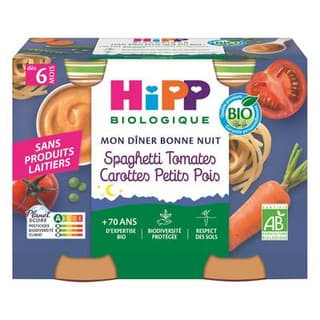 Hipp - Mon Dîner Bonne Nuit Spaghetti Tomates, Carottes, Petits Pois Bio Pot Bébé Dès 6 mois, 2x190g