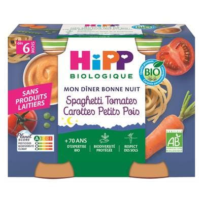 Hipp - Mon Dîner Bonne Nuit Spaghetti Tomates, Carottes, Petits Pois Bio Pot Bébé Dès 6 mois, 2x190g