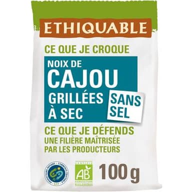 Ethiquable - Commerce Equitable Noix de cajou grillées sans sel Bio Burkina Faso Inde Salvador, 100g