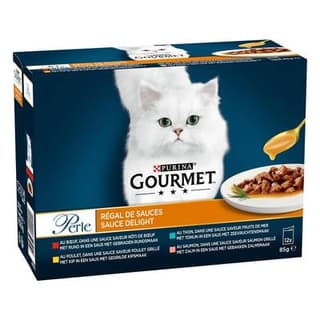 Purina - Gourmet Perle Sachets Régal de sauces Boeuf, Poulet, Thon, Saumon pour chat, 12x85g
