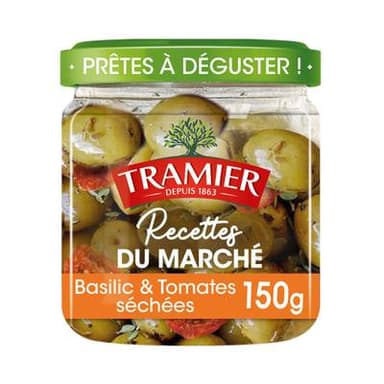 Tramier Olives Marinade basilic et tomates séchées - Recette du Marché, 150g