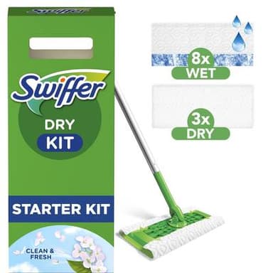 Swiffer Kit de nettoyage pour sols Kit Complet Balai Lingettes Sèches et Humides, le kit démarrage attrape-poussière