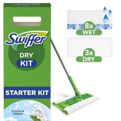 Swiffer Kit de nettoyage pour sols Kit Complet Balai Lingettes Sèches et Humides, le kit démarrage attrape-poussière