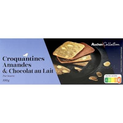 Auchan Collection Biscuits croquantines pur beurre aux amandes et chocolat au lait, 100g
