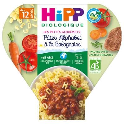 Hipp - Les Petits Gourmets Pâtes Alphabet à la Bolognaise Bio Assiette Bébé Dès 12 mois, 230g
