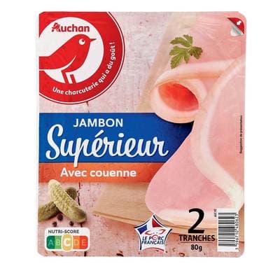 Auchan Jambon blanc supérieur avec couenne, 2 tranche - 80g