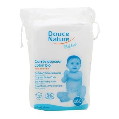 Douce Nature Carrés maxi baby Ecocert et bio-équitable, 60 cotons