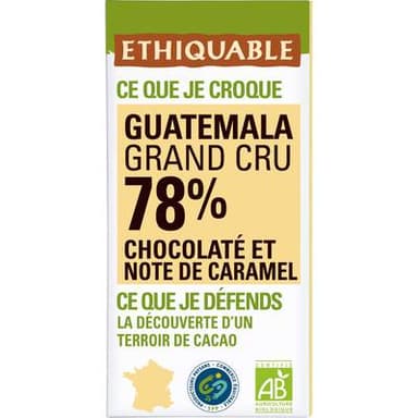 Ethiquable - Commerce Equitable Chocolat Noir Notes de Caramel 78% Cacao Bio du Guatemala, 100g