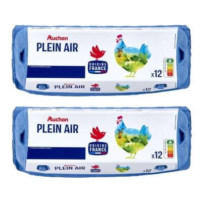 Auchan Oeufs de poules élevées en plein air, Lot de 2x12 oeufs